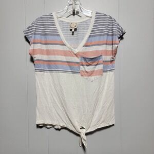 Truself Striped Knit‎ Tee Shirt Size S White Coral Blue Pocket Tie Front